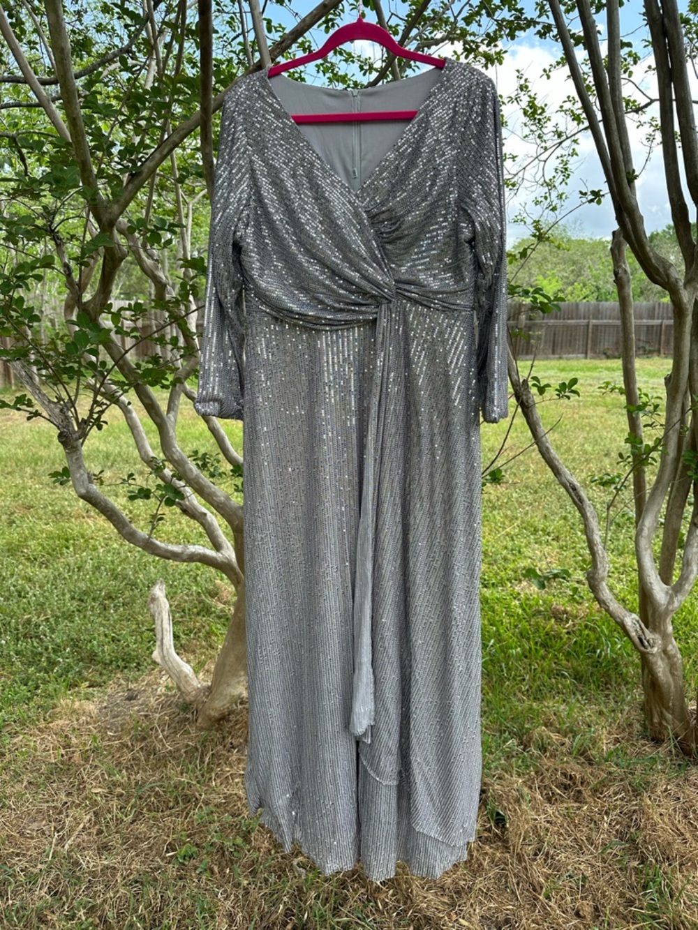 Silver Sequin Long-Sleeve Wrap Gown - Women's